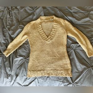 Women’s DKNY Ribbon Weave Knit Sweater Tan Plunge V-Neck 3/4 Sleeves Size: L